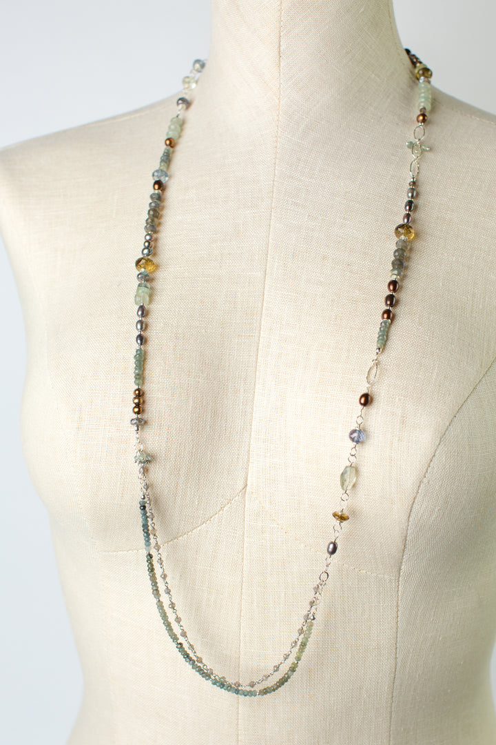 Resilience 37-39" Green Moss Aquamarine, Labradorite, Pearl Collage Necklace