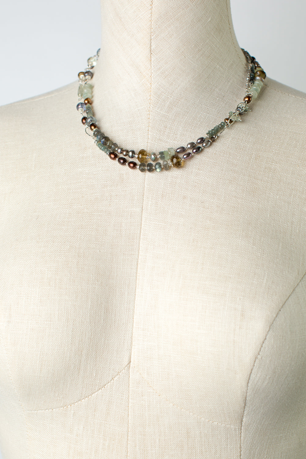Resilience 37-39" Green Moss Aquamarine, Labradorite, Pearl Collage Necklace