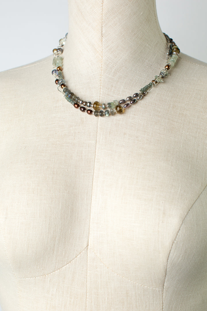Resilience 37-39" Green Moss Aquamarine, Labradorite, Pearl Collage Necklace