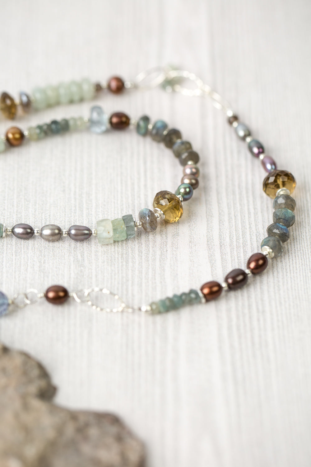 Resilience 37-39" Green Moss Aquamarine, Labradorite, Pearl Collage Necklace