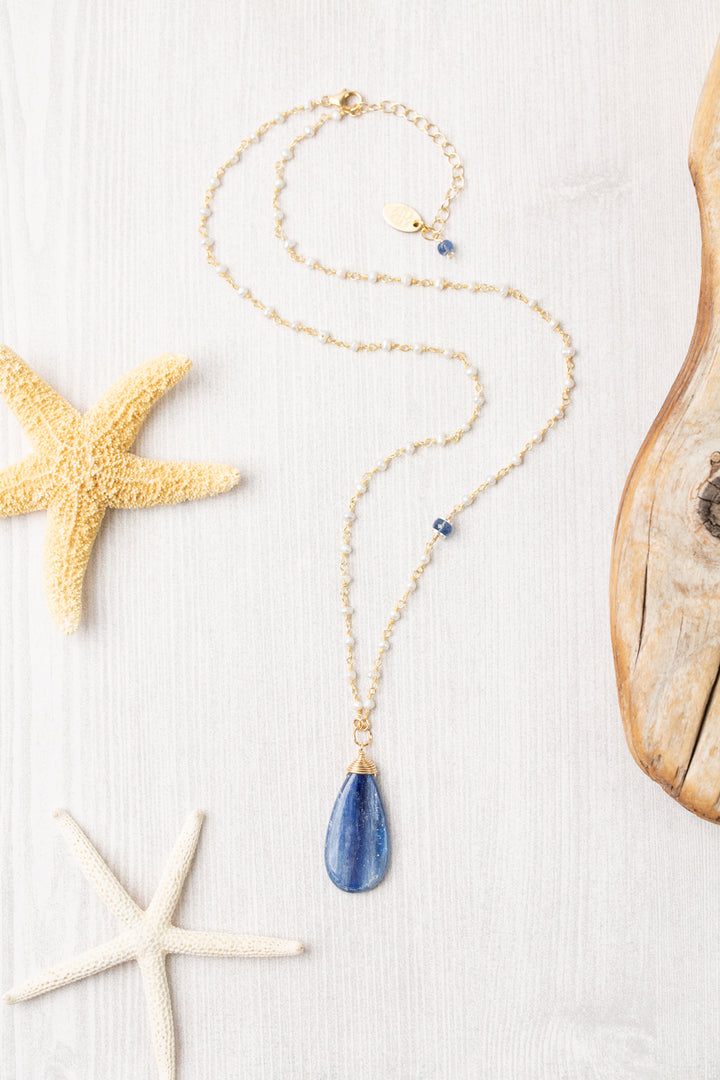 Seaside 18-20"  Freshwater Pearl With Kyanite Drop Simple Necklace