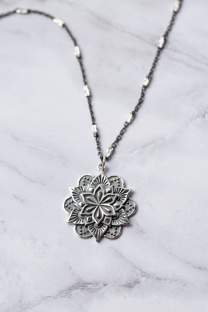 Sentiment 17.25-19.25" Oxidized Sterling Silver Chain with Sterling Silver Mandala Simple Necklace