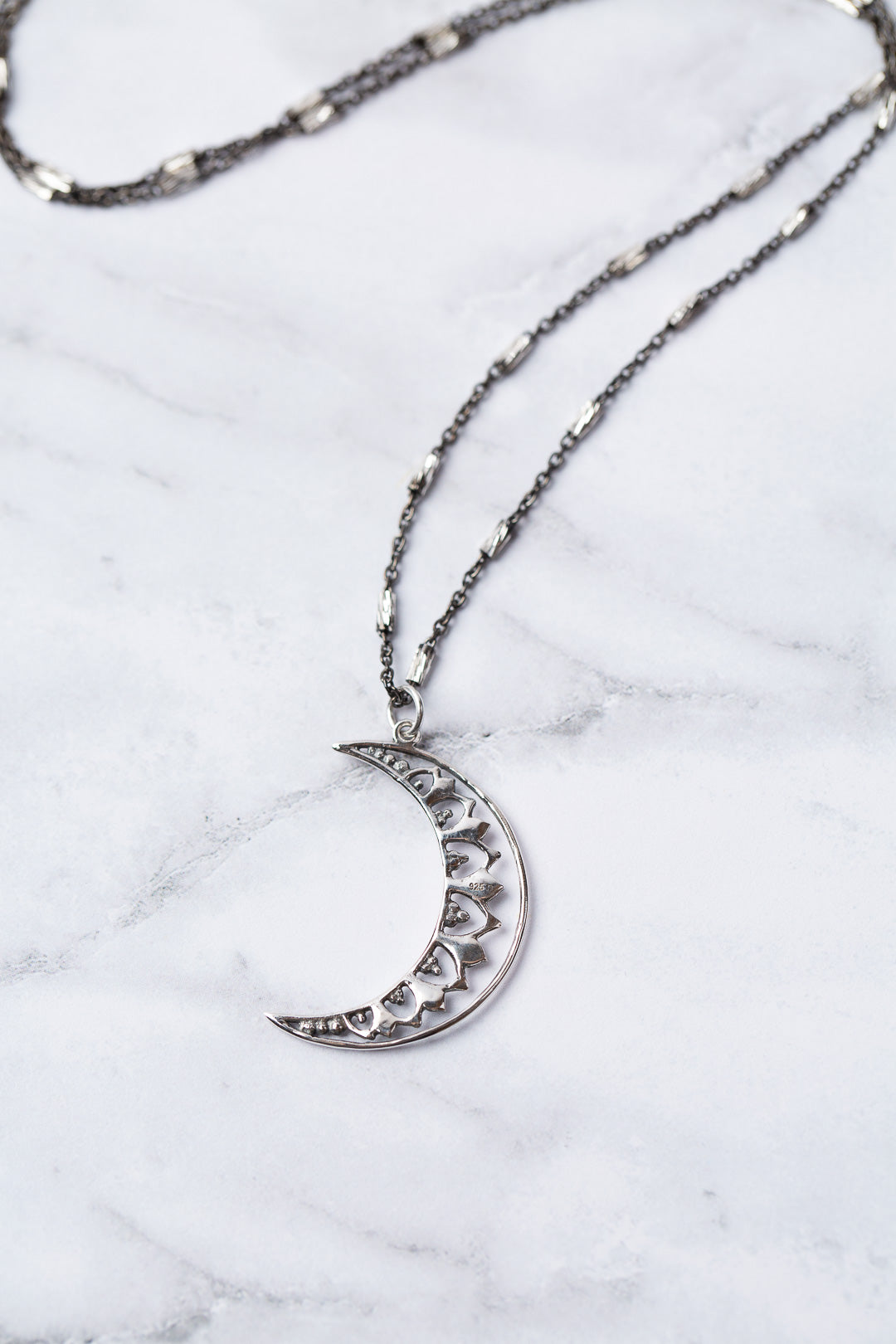 Sentiment 24.75-26.75" Sterling Silver Mandala Crescent Moon Simple Necklace