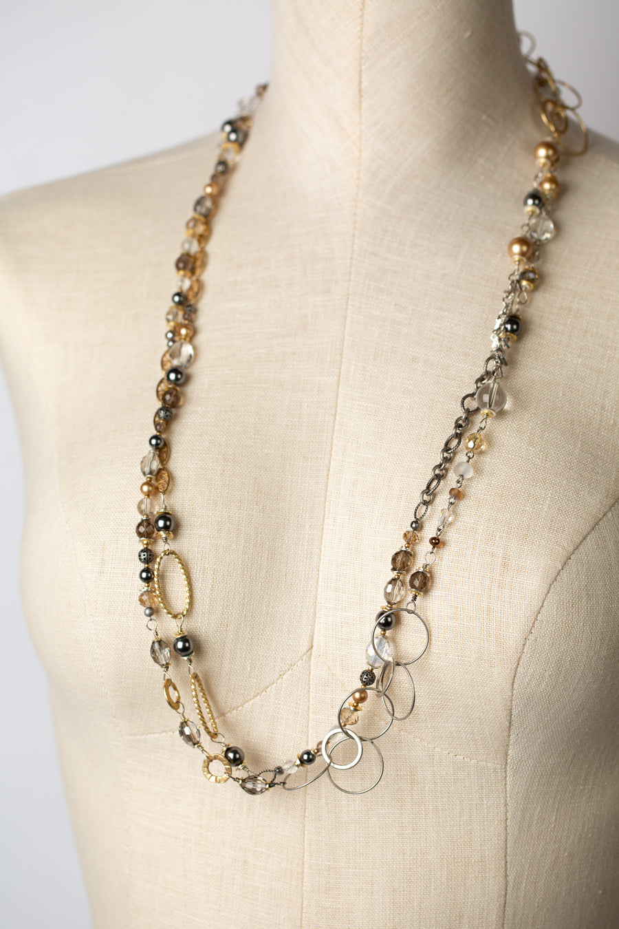 Silver & Gold 65-68" Pearl, Smoky Quartz Simple Necklace (limited)