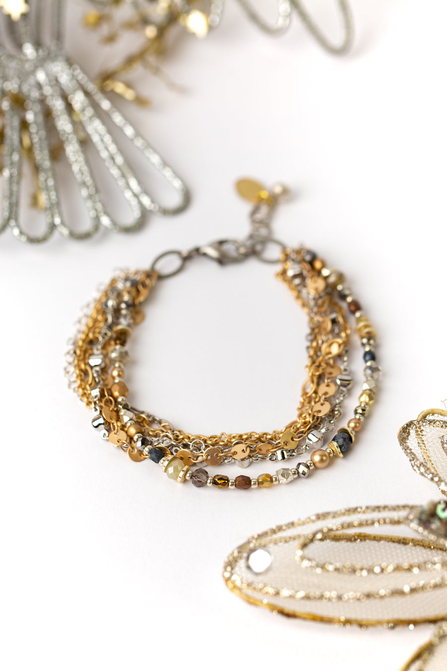Silver & Gold 7.5-8.5" Crystal, Pearl Multistrand Bracelet (limited)