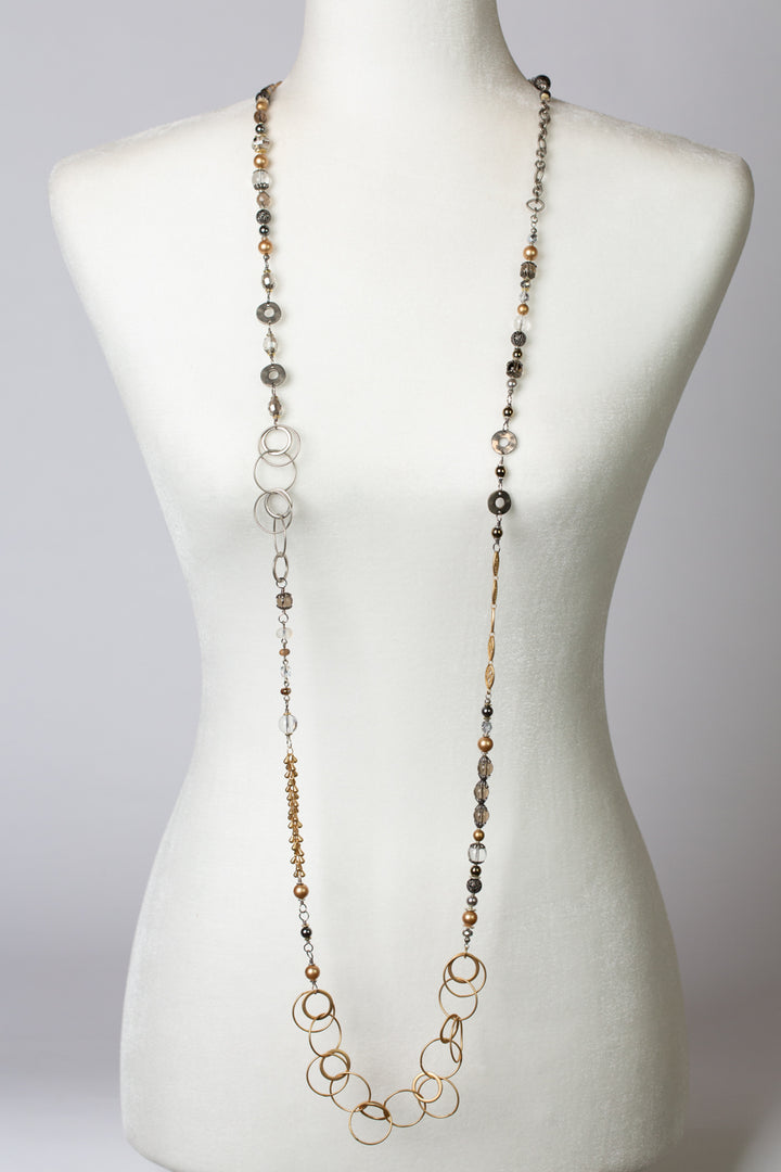 Silver & Gold 56-58" Crystal, Smoky Quartz, Glass Pearl Collage Necklace