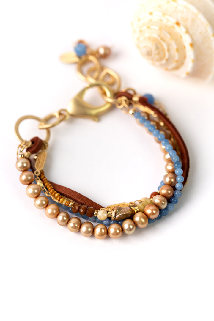 Sand and Sea 7.75-9" Leather, Cat's Eye, Fresh Water Pearl Multistrand Bracelet