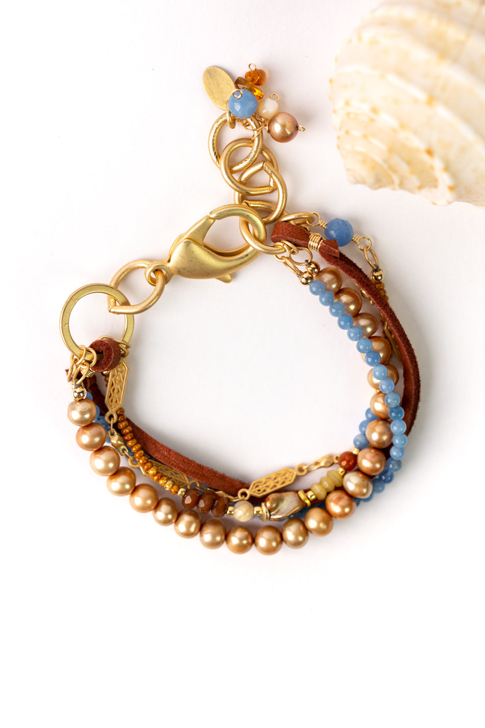 Sand and Sea 7.75-9" Leather, Cat's Eye, Fresh Water Pearl Multistrand Bracelet