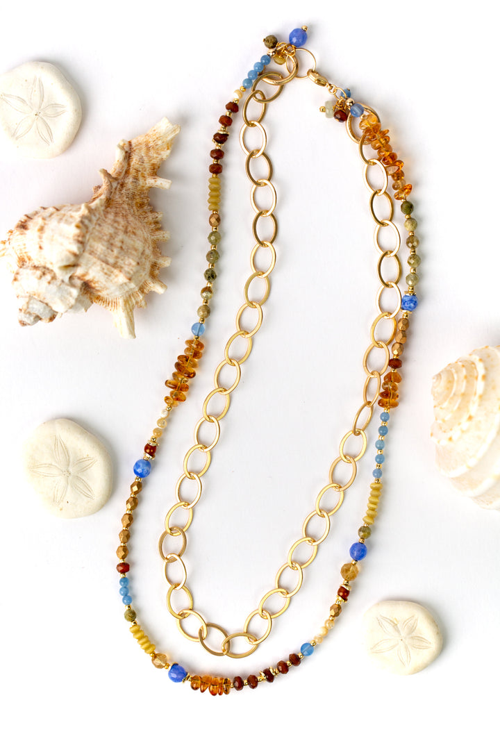 Sand And Sea 18" or 37" Mother Of Pearl, Chalcedony, Citrine Collage Necklace
