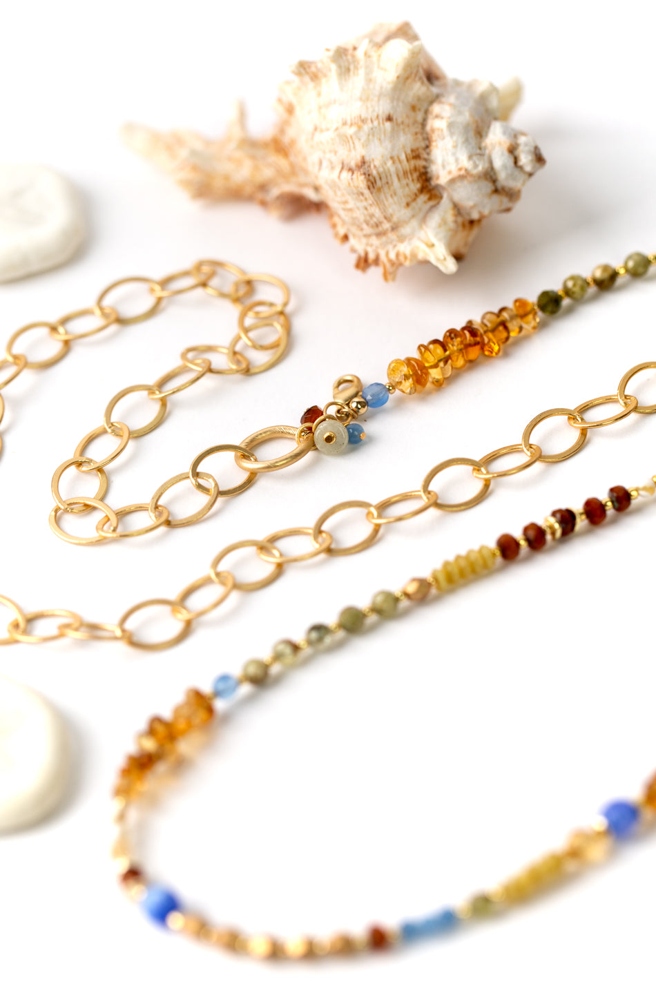 Sand And Sea 18" or 37" Mother Of Pearl, Chalcedony, Citrine Collage Necklace