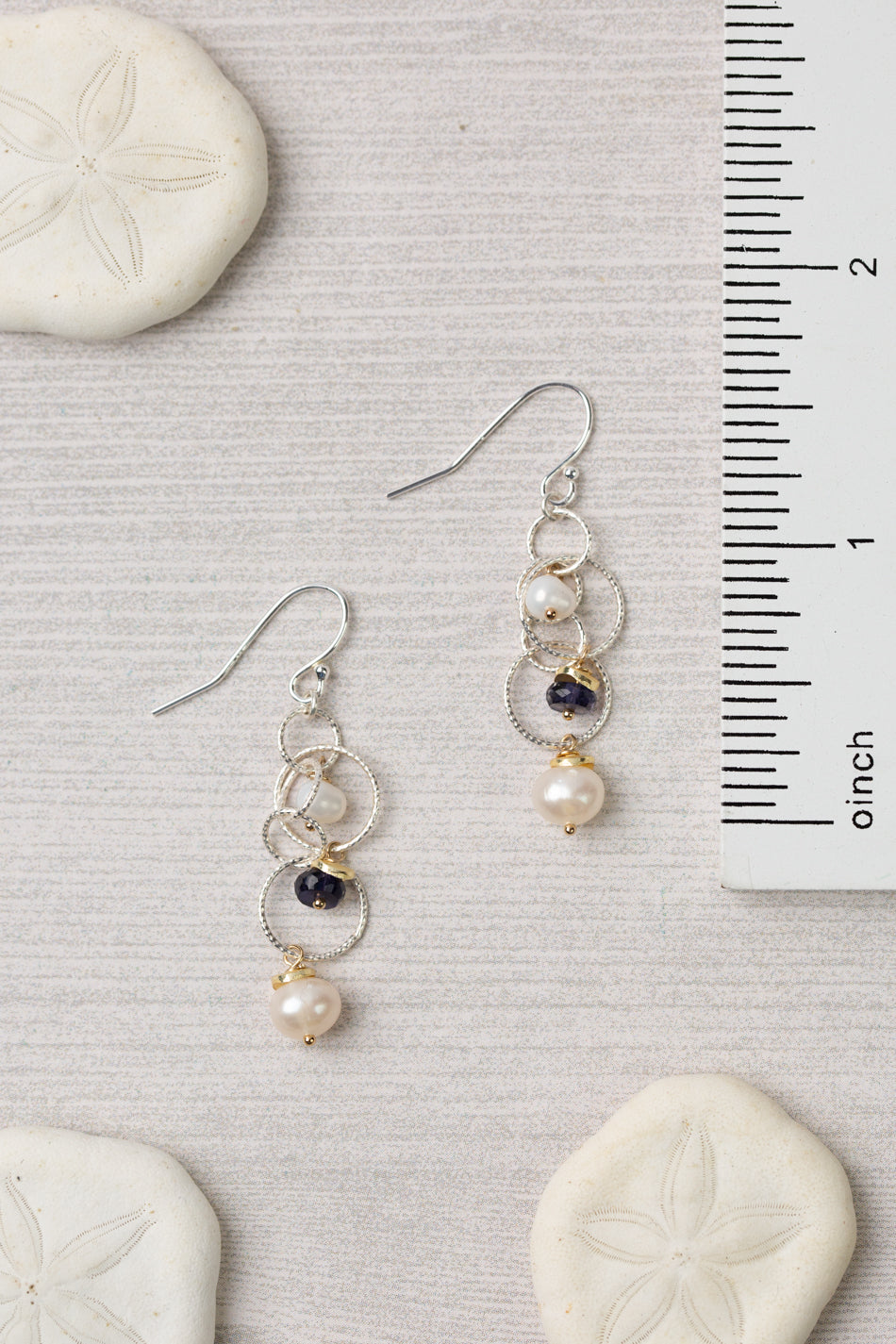 Seaside Iolite, Freshwater Pearl Hoop Earrings