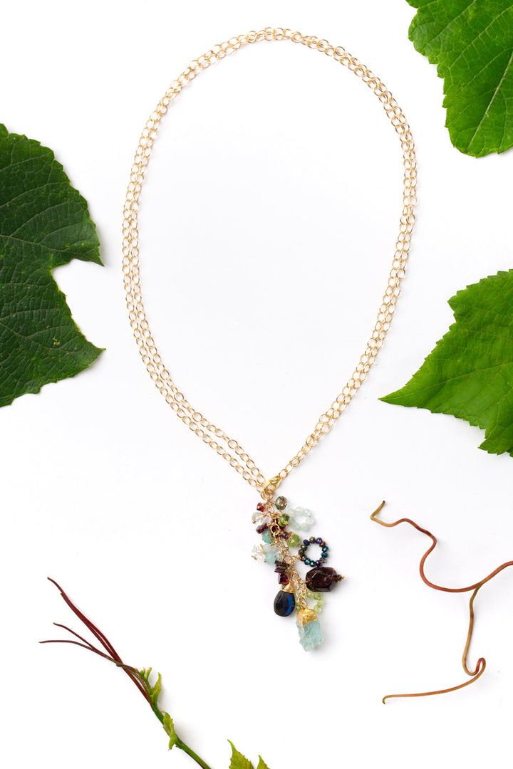 Vineyard 15.5 or 30" Aquamarine, Garnet, Peridot Cluster Necklace