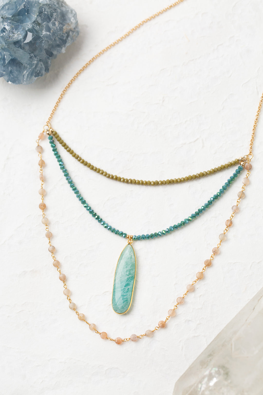 Waterfall 19-21" Moonstone, Crystal with Amazonite Multistrand Necklace
