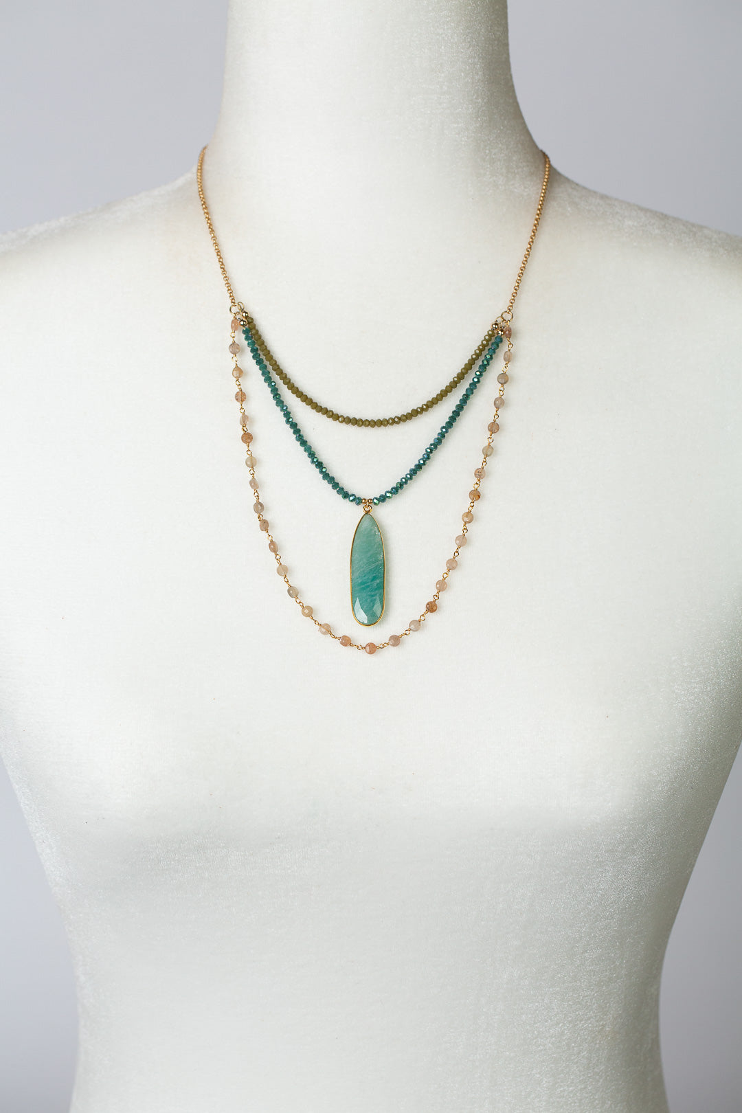 Waterfall 19-21" Moonstone, Crystal with Amazonite Multistrand Necklace